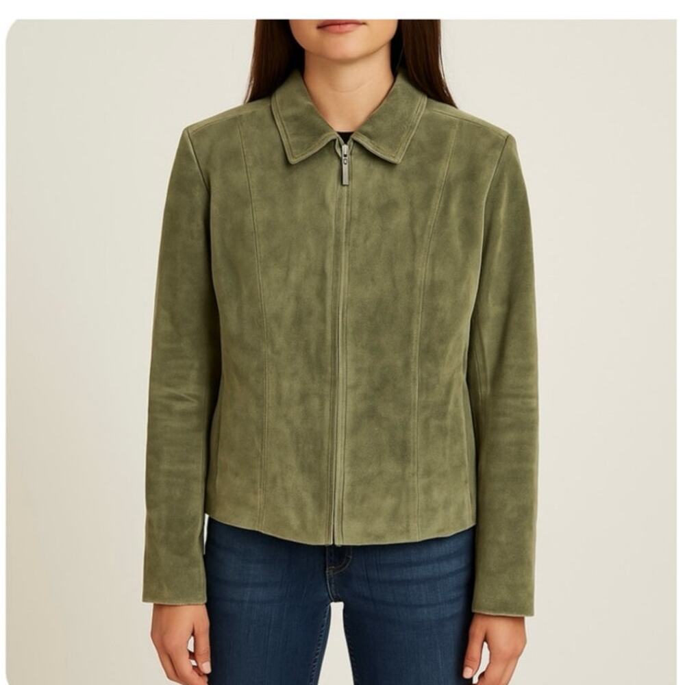 Vintage Jones New York 100% Leather Jacket Size 10 Forest Green Y2K 90's Jacket
